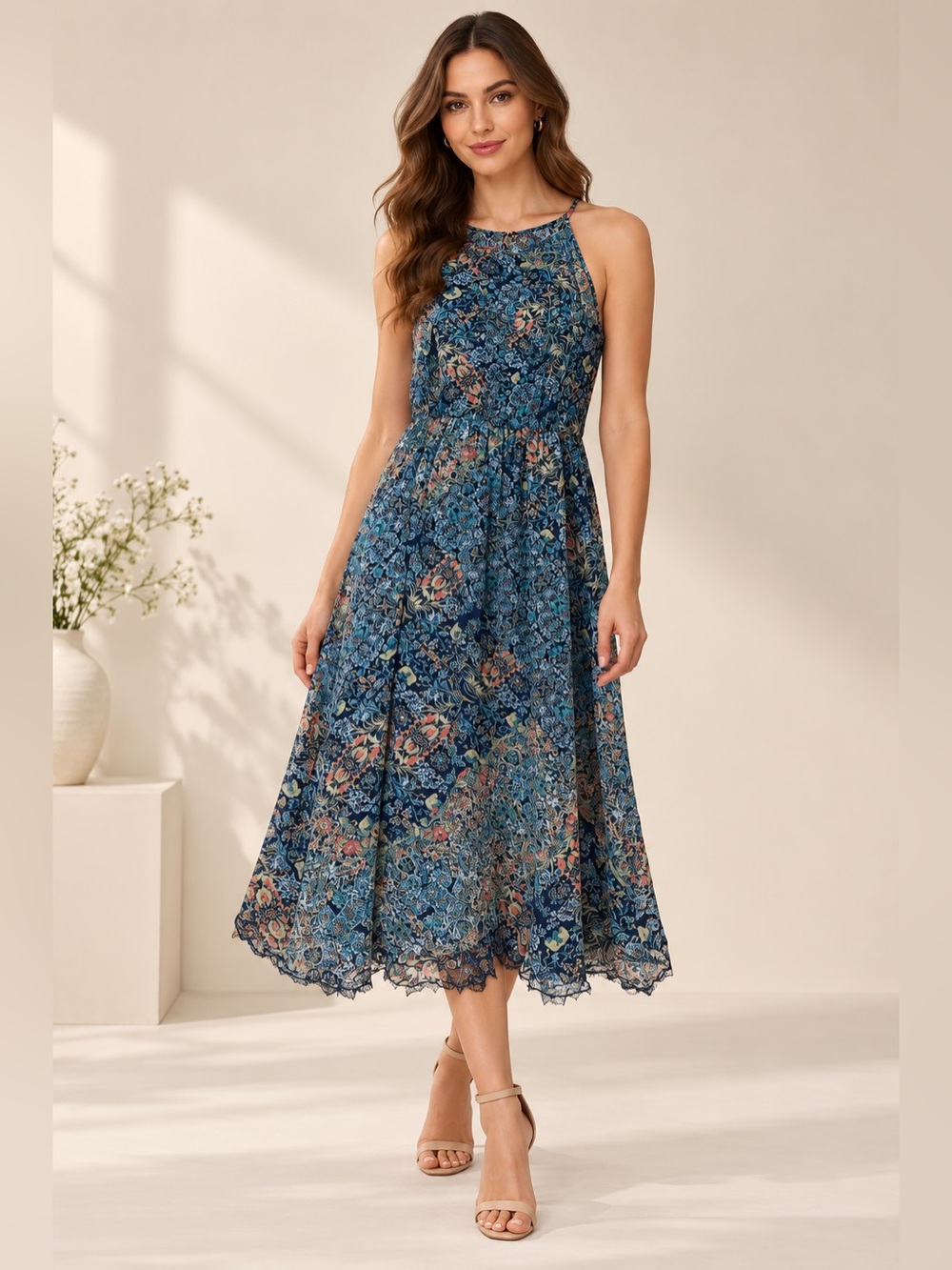 BCBG Generation Floral Midi Dress Size 6 Blue Sleeveless